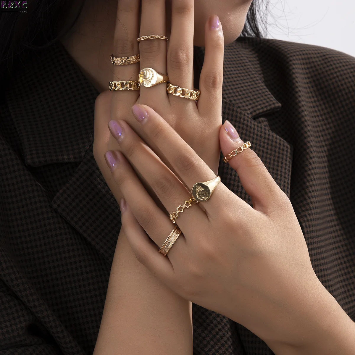 

RBXC Jewelry personalized chain simple hand ornaments female creative Moon Star hollow combination ring