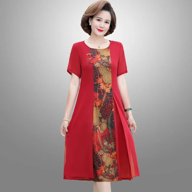 

Fake two Vintage Chinese Wedding Party Dresses Women Retro Mandarin Collar Floral Summer Dress Classy Lady Waist Vestidos A-Line