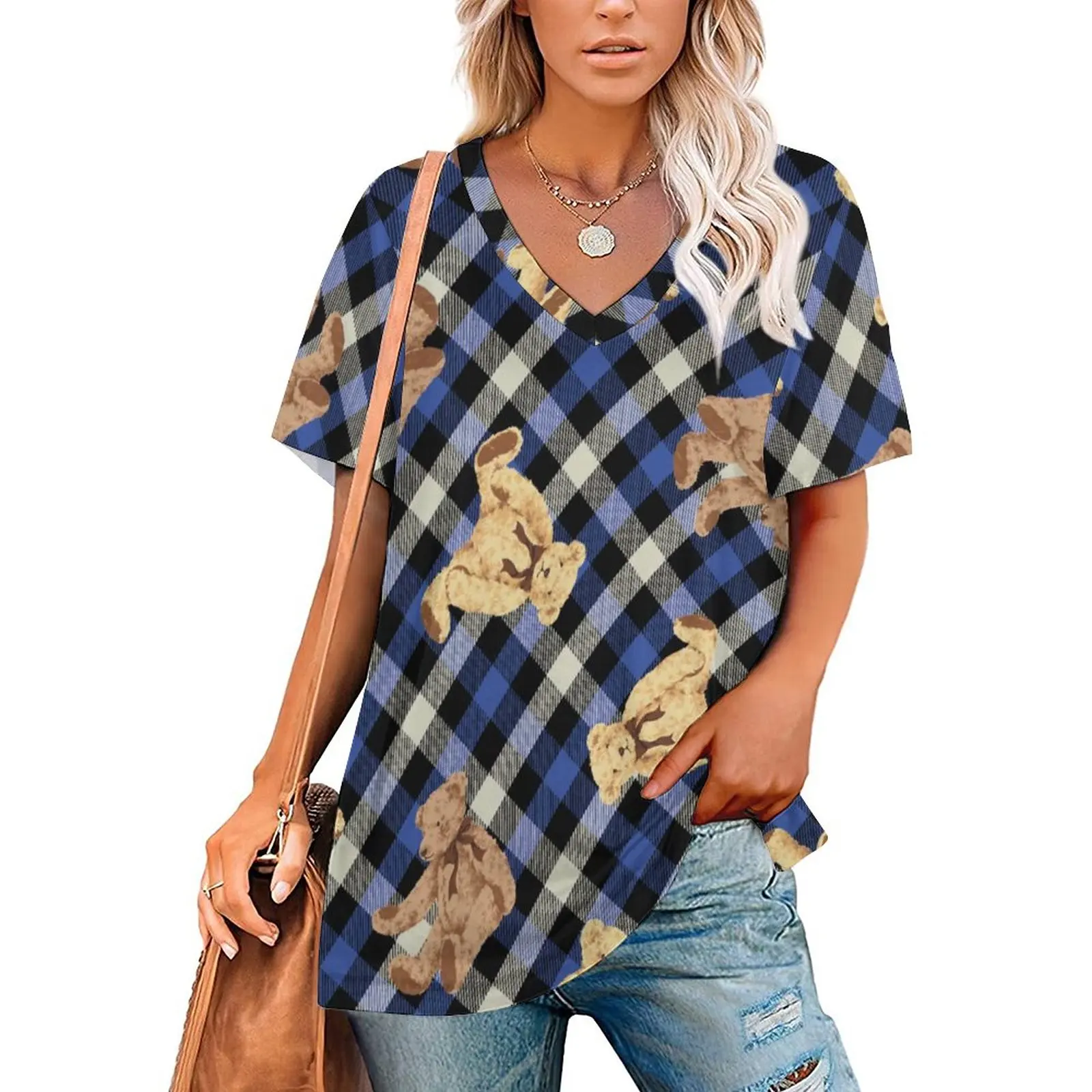 

Bear T Shirt Plaid Cartoon Brown Bears Funny V Neck T Shirts Short-Sleeve Street Tee Shirt Beach Graphic Top Tees Big Size 4XL