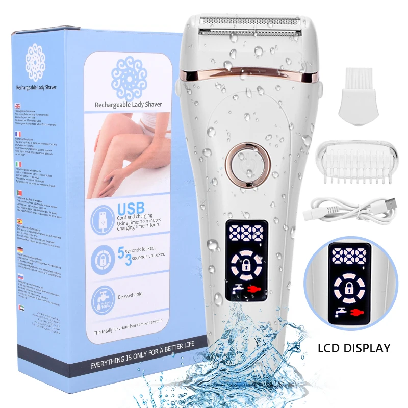Afeitadora eléctrica indolora para mujer, recortadora de Bikini con carga USB para todo el cuerpo, pantalla LCD impermeable, uso en húmedo y seco