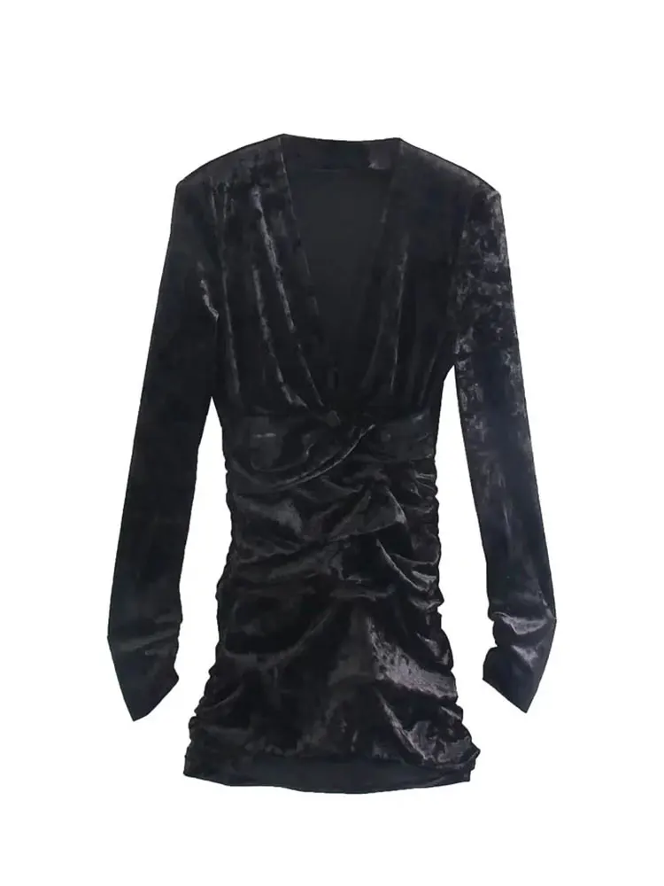 

Nlzgmsj ZBZA 2022 осенне-зимние элегантные плиссированные сексуальные бархатные мини-платья, модное ретро сексуальное вечернее платье с V-образным...