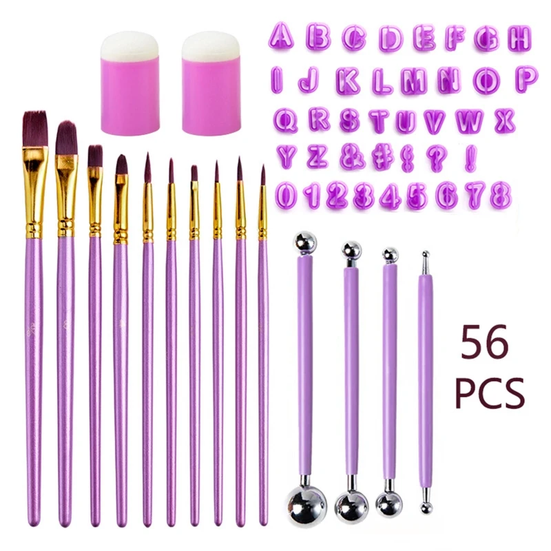 

56pcs/set Clay Tool Kit Alphabet Number Fondant Cake Decorating Icing Cutter Mold Brush Finger Applicators Dotting Tool