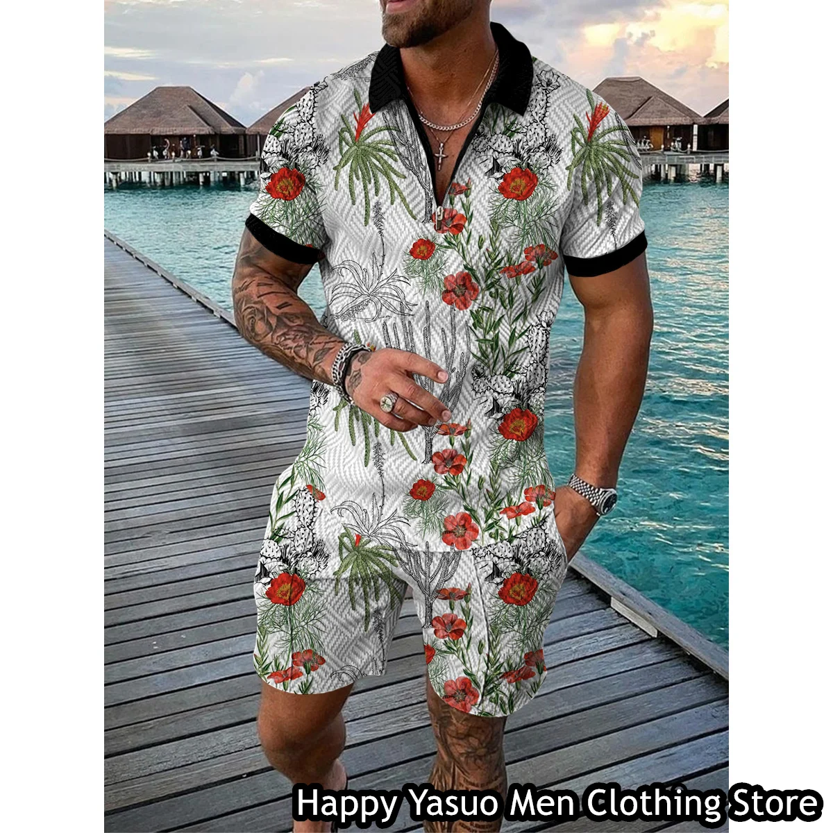 Summer Men Polo Shirt Set 2 Pieces Hawaiian Vacation Style Outfit Male Casual Suit Vintage Clothing Floral Printing Tracksuit