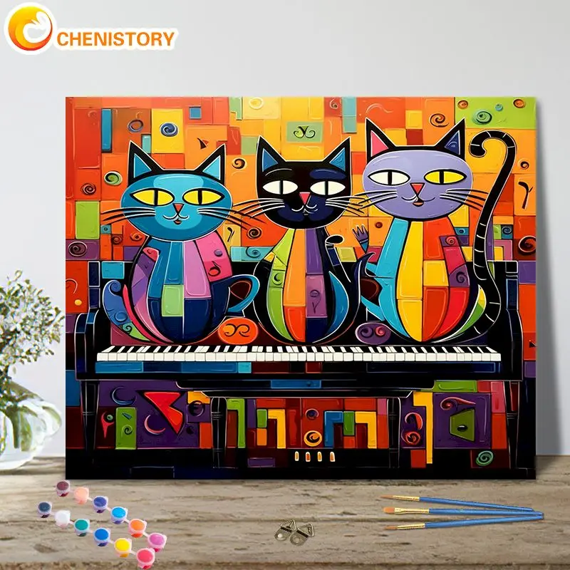 

CHENISTORY Pictures By Number Cat playing piano Kits Home Decor Painting By Numbers Animal Drawing On Canvas HandPainted Art Gif