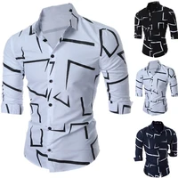 mens fitted long sleeve shirt geometric print black trendy shirt