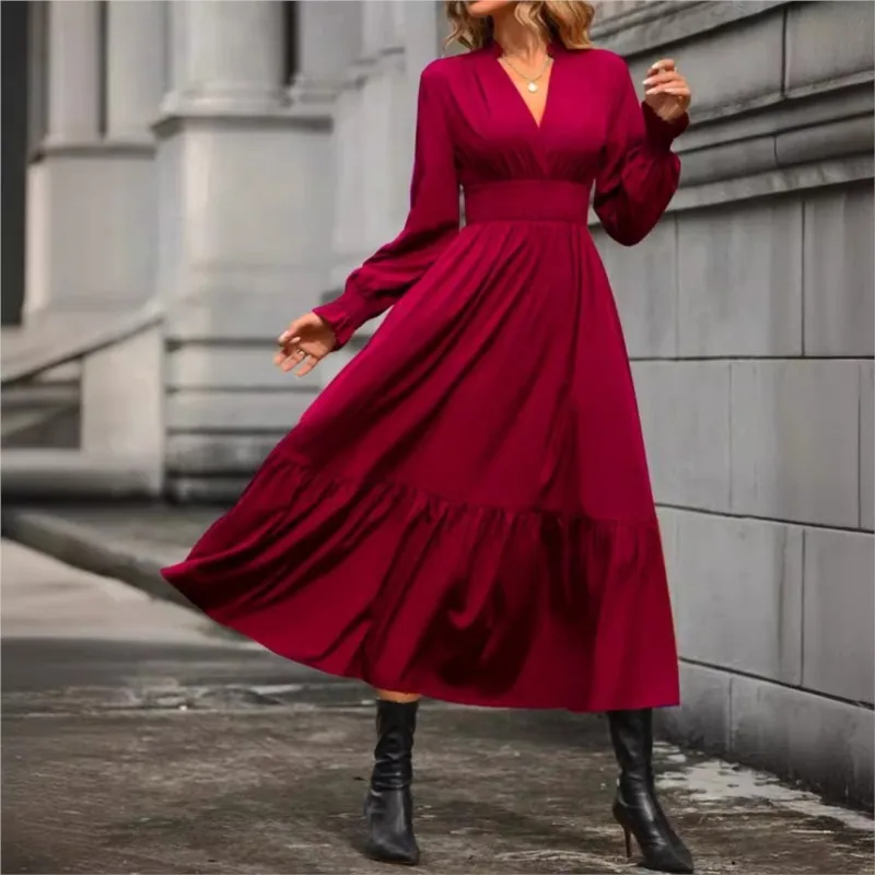 Elegant Ladies Dress Solid Color V-neck Pullover Lantern Sleeve A-line Folded Waist Long Sleeved 2024 Autumn New Item