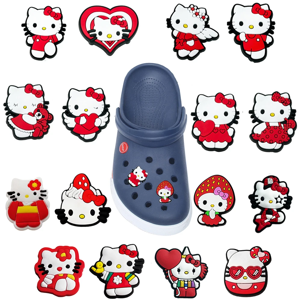 

Single sale 1pcs Sanrio Red Hello Kitty Shoe Charms PVC Accessories DIY Shoe Decoration For Croc JIBZ Kids X-mas Gifts