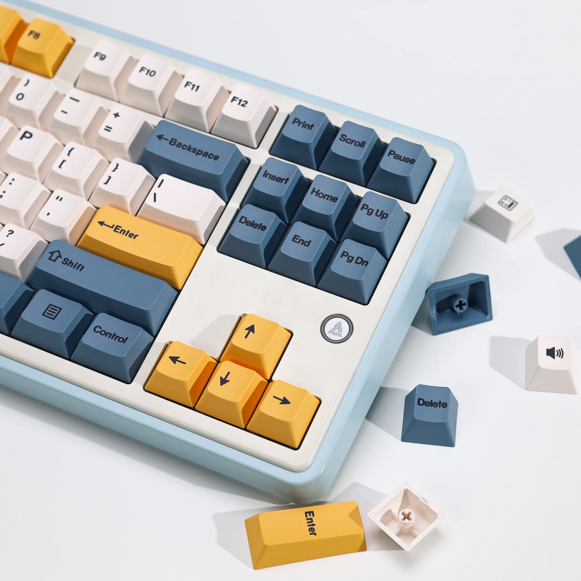 Фото KBDiy Ретро абрикосово-желтые колпачки для клавиш PBT Cherry Profile ISO для переключателей MX 60, магнитные механические игровые колпачки для клавиш №1