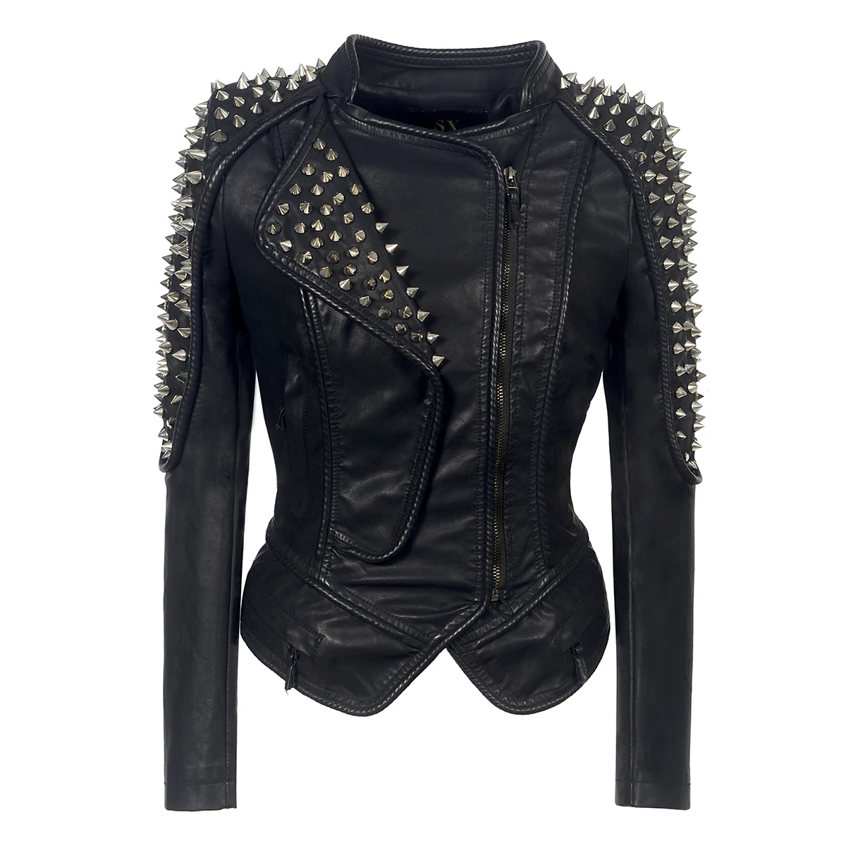 New European And American Fashion Stand Collar Motorcycle Jacket Slim Fit Short Rivet Personalized Lapel Women's PU Leather Coat