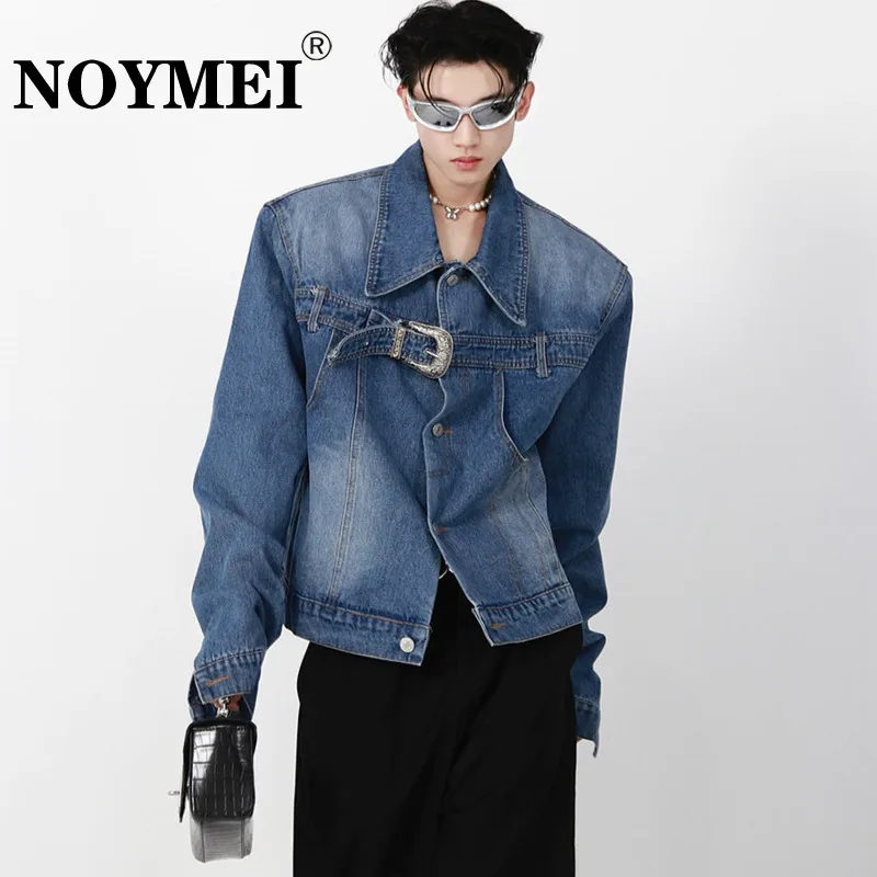 

NOYMEI High Street Niche Design Retro Washed Short Shoulder Pad Denim Jacket Men Metal Buckle Patchwork Coat Spring Chic WA1498