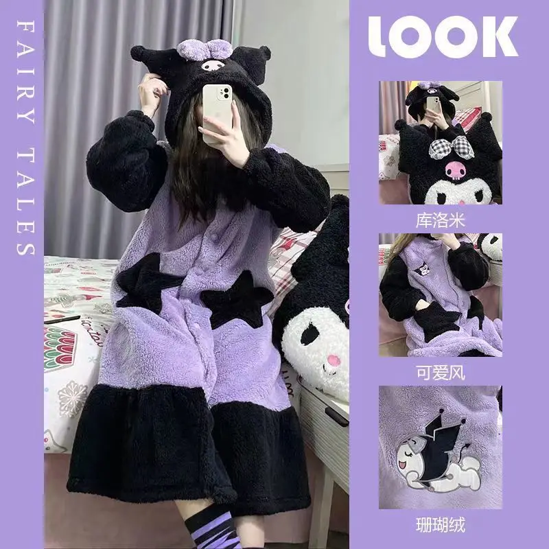 

Sanrio Series Clothing Culomi Pajamas Women's Autumn and Winter Cartoon Coral Velvet Pajamas Medium Length Bathrobe