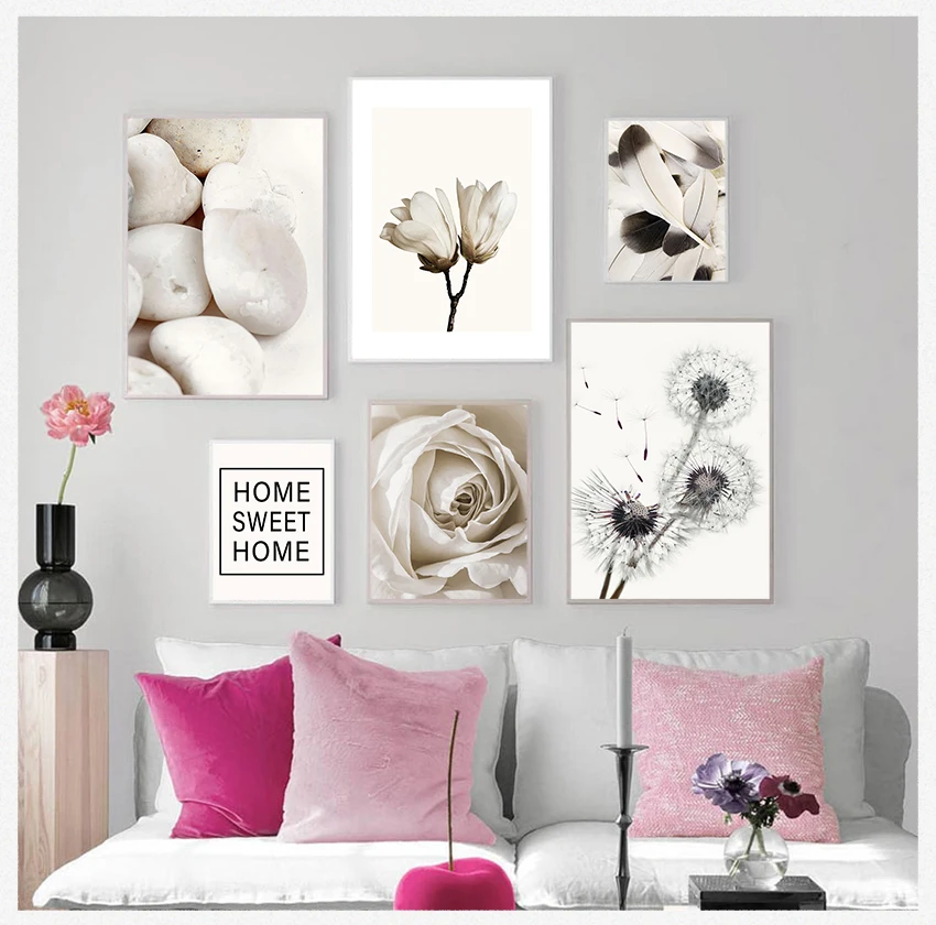 

Одуванчик Роза из перьев, цветочные картины для спальни, домашний декор, без рамки, холст, живопись, настенное искусство, скандинавский плакат, черный, белый