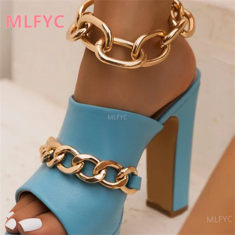 

Super High Heels Slippers Women Block Heels Sandals For Women Catwalk Sexy High Heels Fashion Chain Slippers Platform Heels 43