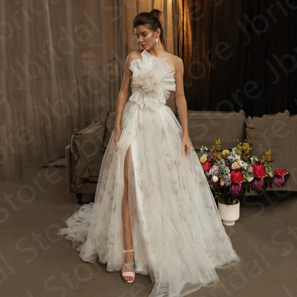 

Unique Latest Floral Print Wedding Dresses 2023 Bride Dresses Strapless Sleeveless Side Split Bridal Gowns Lace Up Back