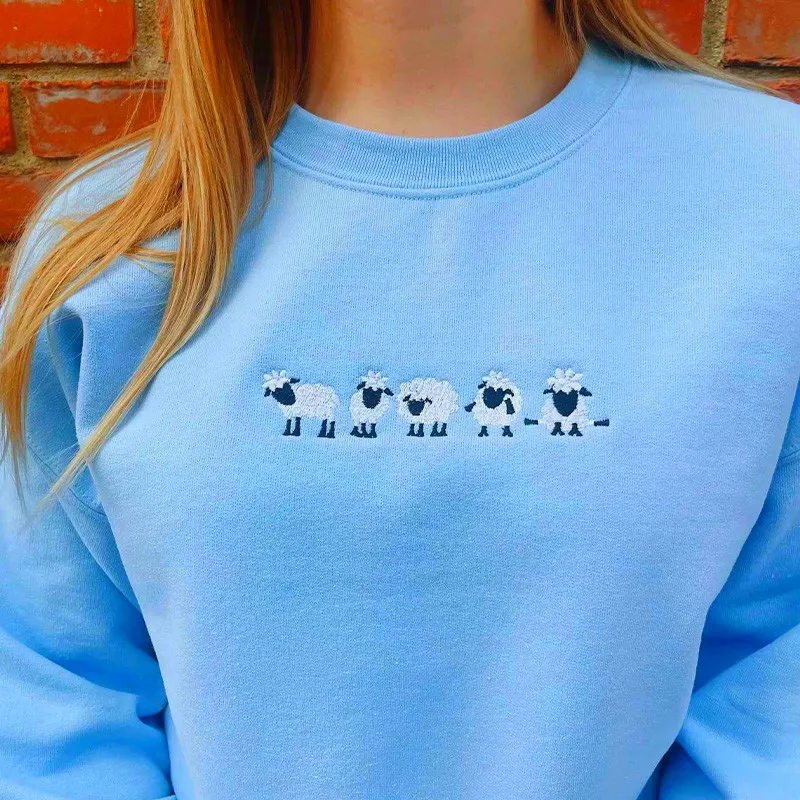 

Cute Cartoon Sheep Embroidery printing Women Sweatshirts Loose Cotton Oversize Style Pullover Long Sleeve Autumn Fashion Outfits