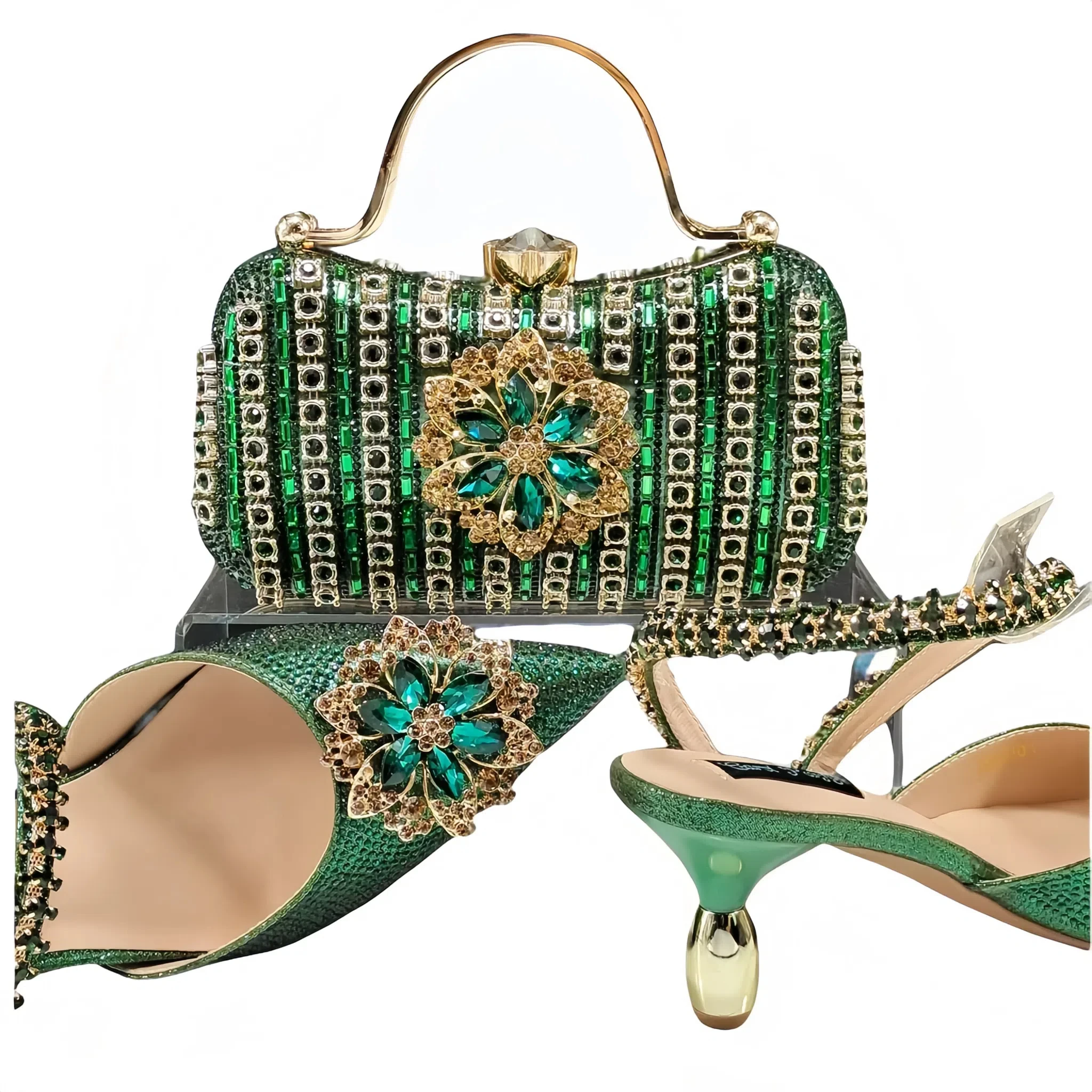doershow High Quality African Style Ladies Shoes And Bags Set Latest green Italian Bag For Party SDF1-6