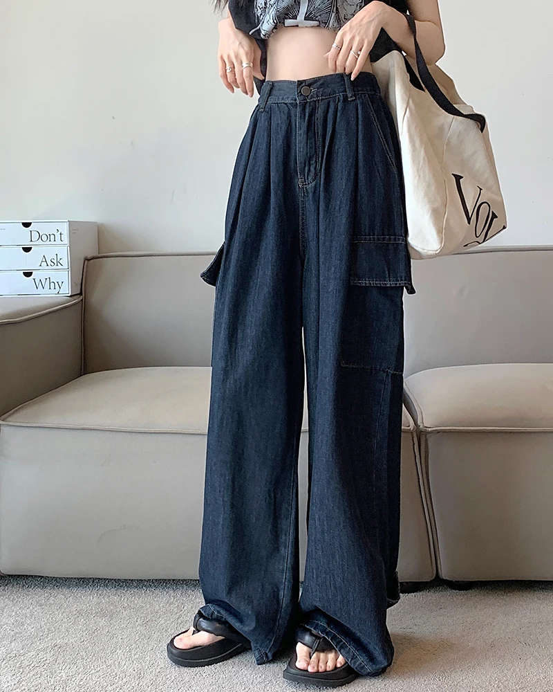 

Женские Длинные прямые джинсовые брюки-сафари с карманами и высокой талией