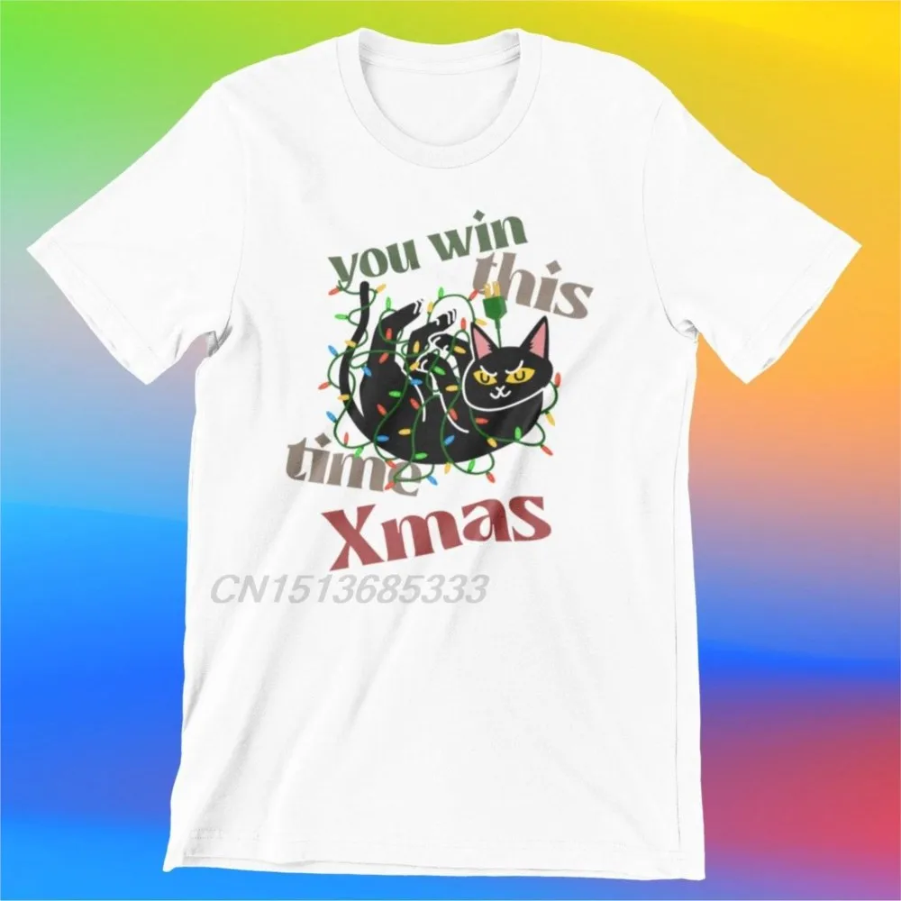 

You Win This Time Xmas Men Novelty T-shirts Unisex Christmas Cat Graphic Printed Tee Shirts Male Pure Cotton Oversized T Shirts