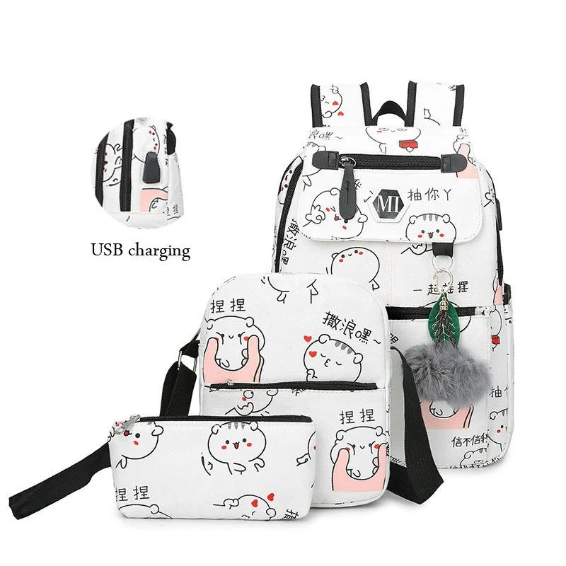 

Cartoon Print Canvas Backpack 3 Pcs Set Women School Bags for Girls Teenagers USB Charging Daily Travel Organizer Knapsack