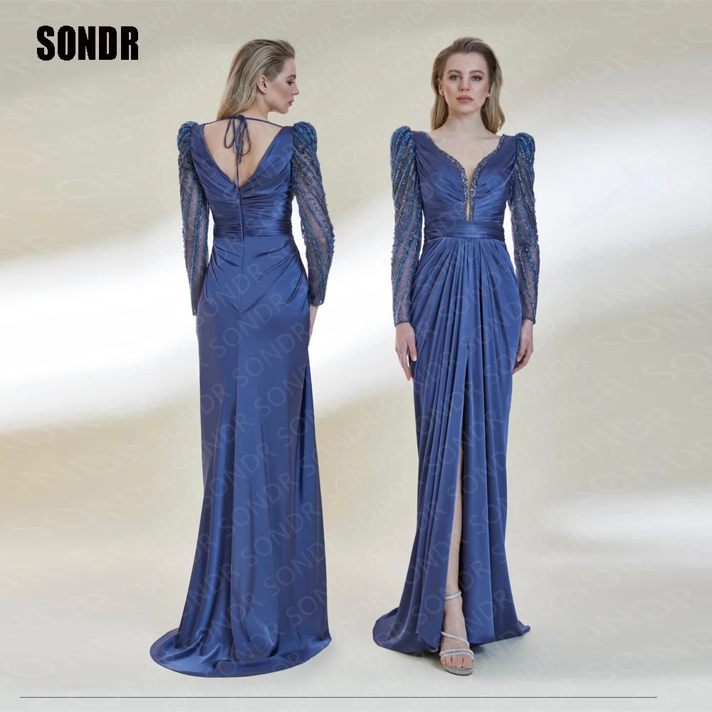 

Длинное атласное голубое вечернее платье SONDR с V-образным вырезом, с длинными рукавами с бусинами, индивидуальные Официальные Вечерние платья Дубая, стандартные платья, коктейльное платье