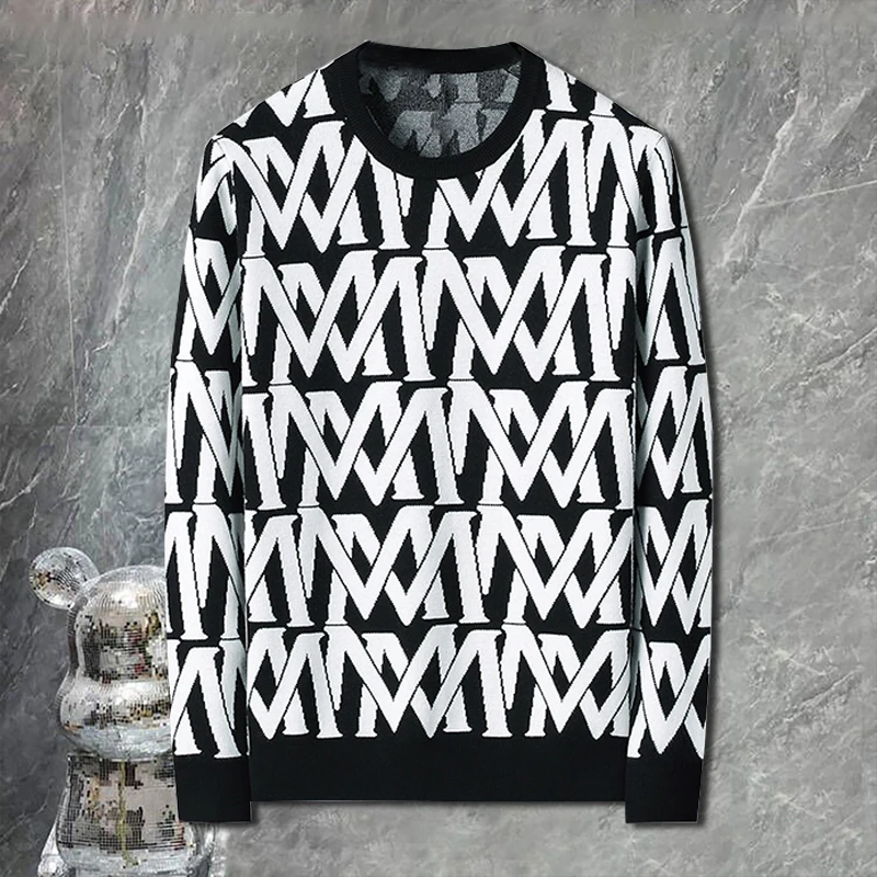 Черный белый цветной свитер с буквенным принтом контрастных цветов для мужчин