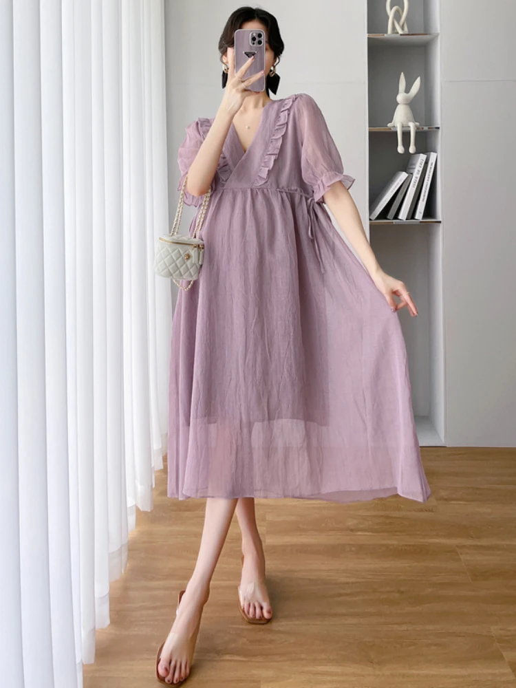 

Pregnancy Dress Maternity Clothings Tulle Maternity Gown V- Neck Casual Summer Solid Dresses for Pregnant Women High Waist