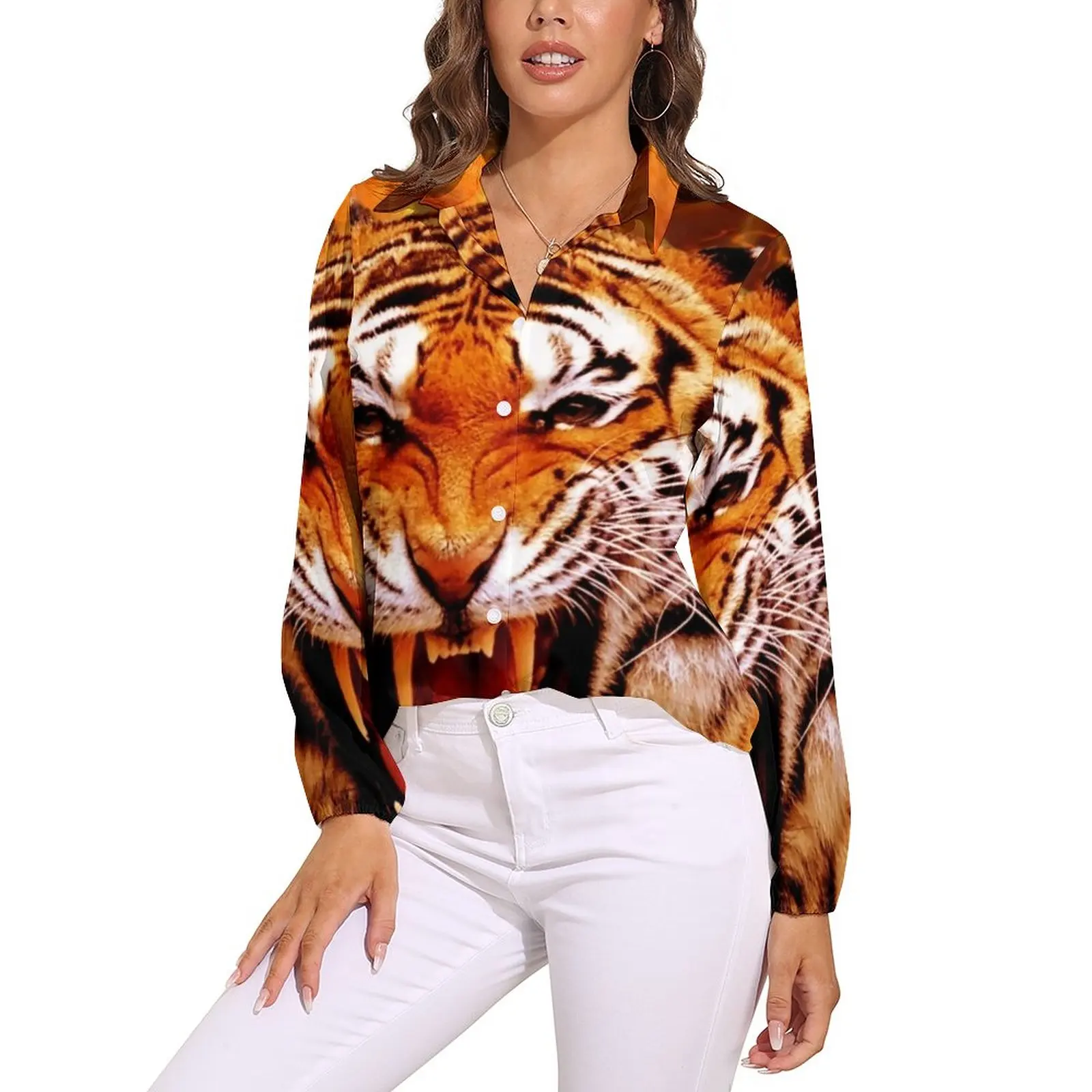 

Tiger And Flame Blouse Animal Print Funny Print Blouses Female Simple Shirt Autumn Long-Sleeve Oversized Tops