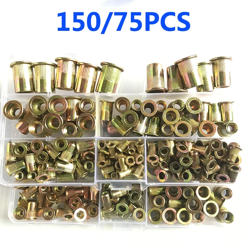 

150/75PCS Box Carbon Steel Rivet Nuts 1/2 3/8 5/16 1/4 10/24 8/32 M3M4 M5M6 M8M10 M12 Flat Head Rivet Nuts Set Insert Rivet Nuts