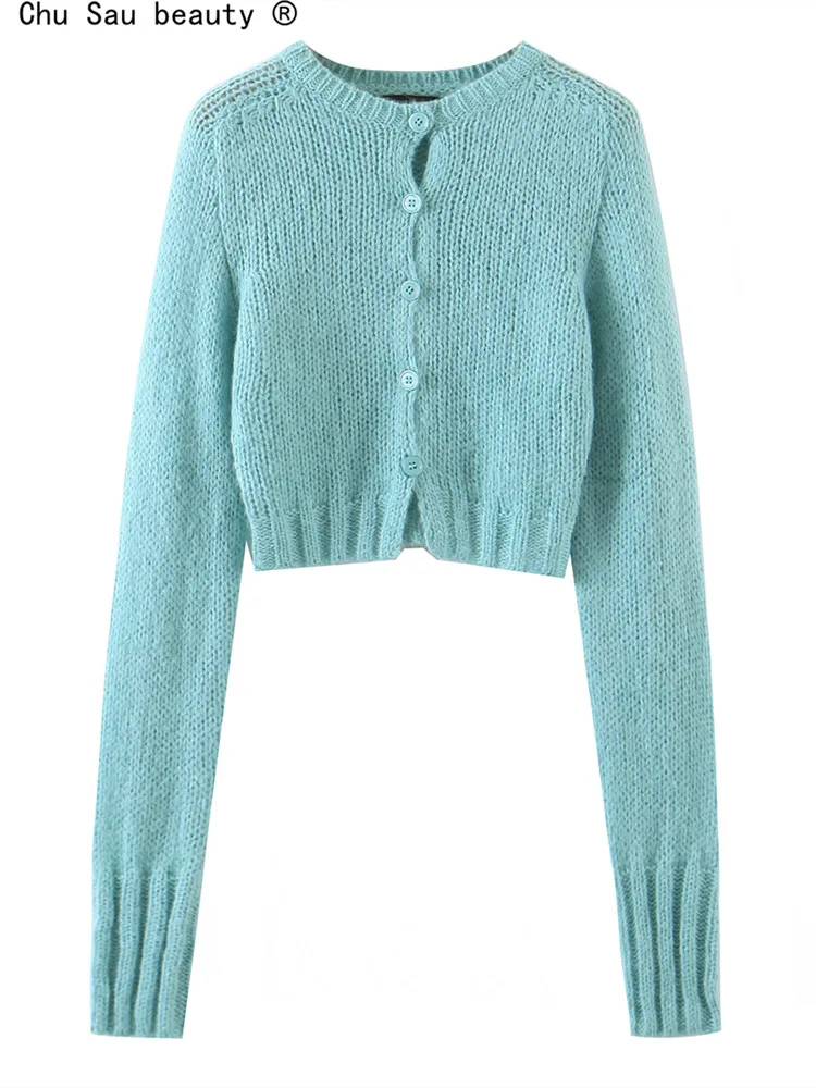 

Women Knit Cardigan 2022 Autumn New Fashion Chic Slim O-Neck Single Breasted Long Sleeve Short Sweater Female Crop Top