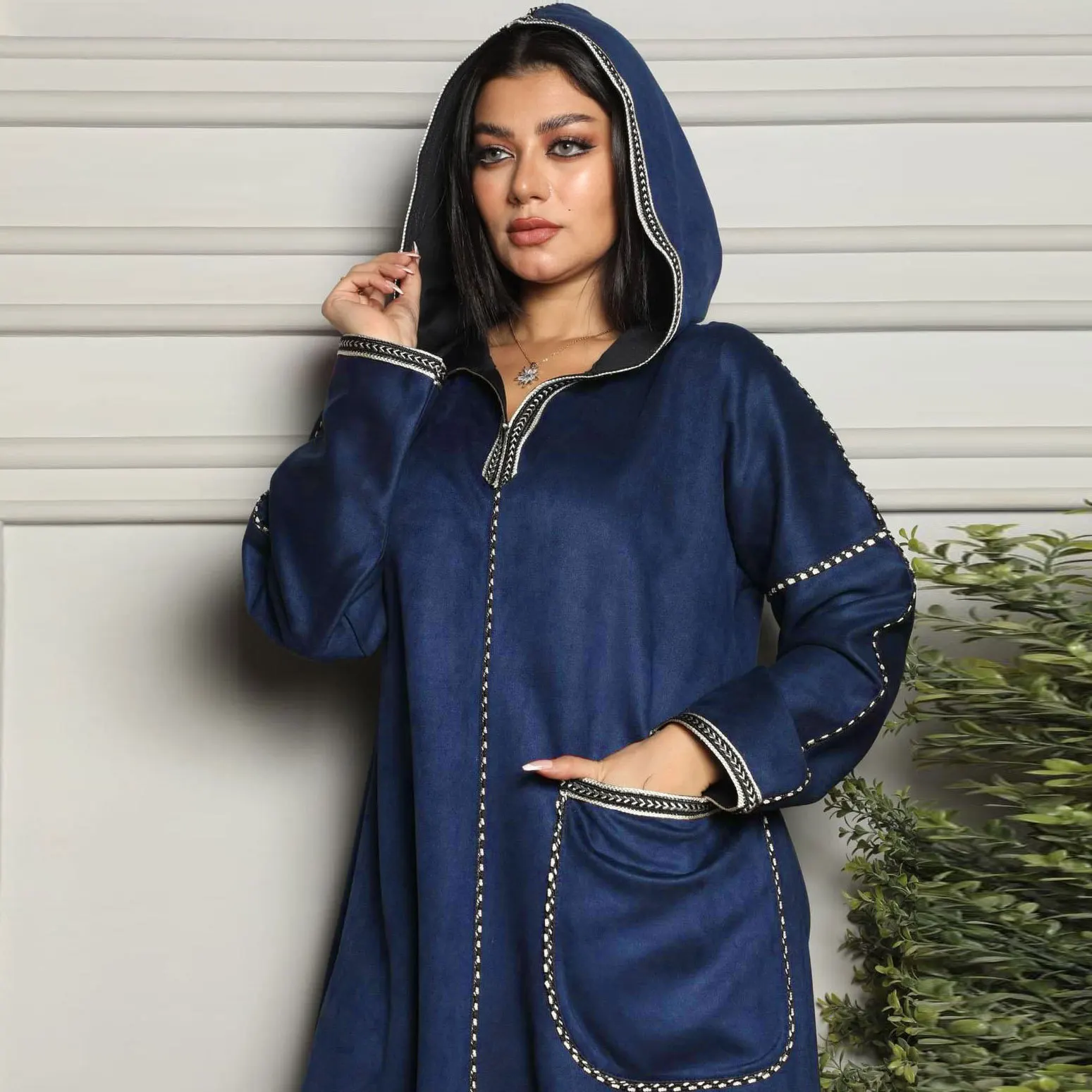 

Muslim Southeast Asia Lace Pocket Hooded Dress Middle East Ladies Gown Muslim Dress Women Robe Muslim Fashion Dubai Abaya Turkey