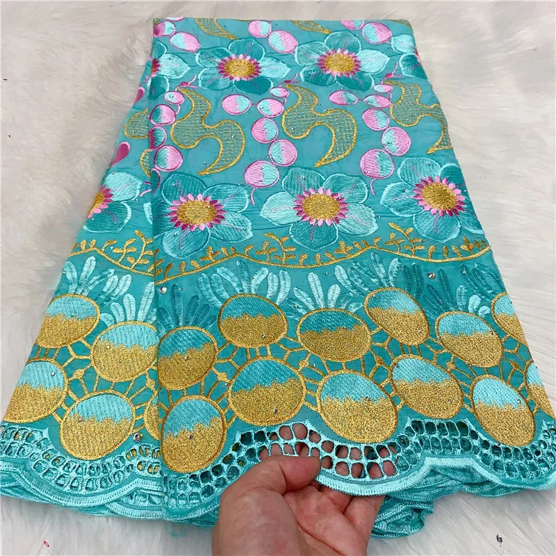 

5 Yard Swiss Fabric 2022 Latest Heavy Beaded Embroidery African 100% Cotton Voile Lace Popular Dubai Style For Wedding Party 3L6