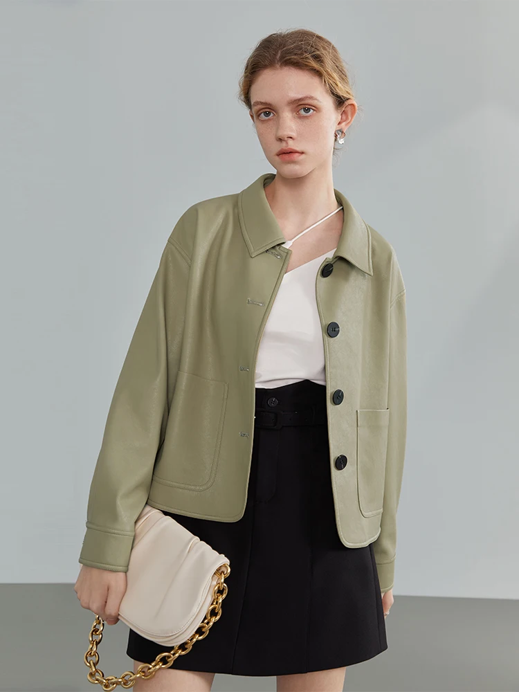 Куртка-поло женская кожаная с воротником-стойкой однотонная |