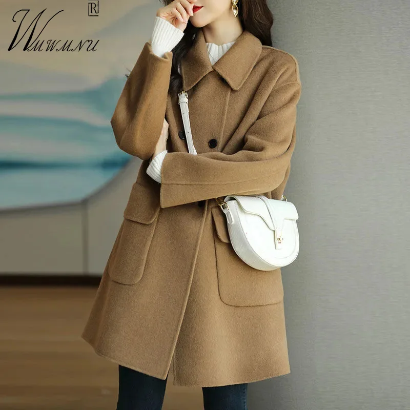

Mid Length Oversized Woolen Blend Coat Korean Fashion Double Breasted Fall Overcoat Basic Solid Color Wide-Waisted Warm Outwear