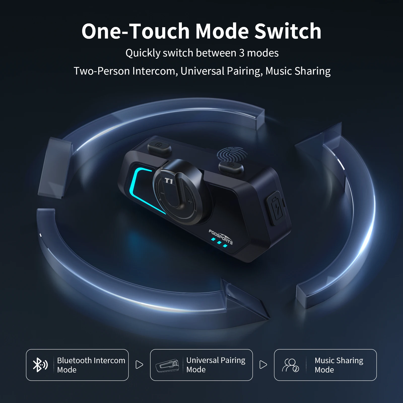 Фото Мотоциклетный домофон Fodsports T1, Bluetooth-гарнитура для шлема, 1000M, BT5.4, FM-радио. №4