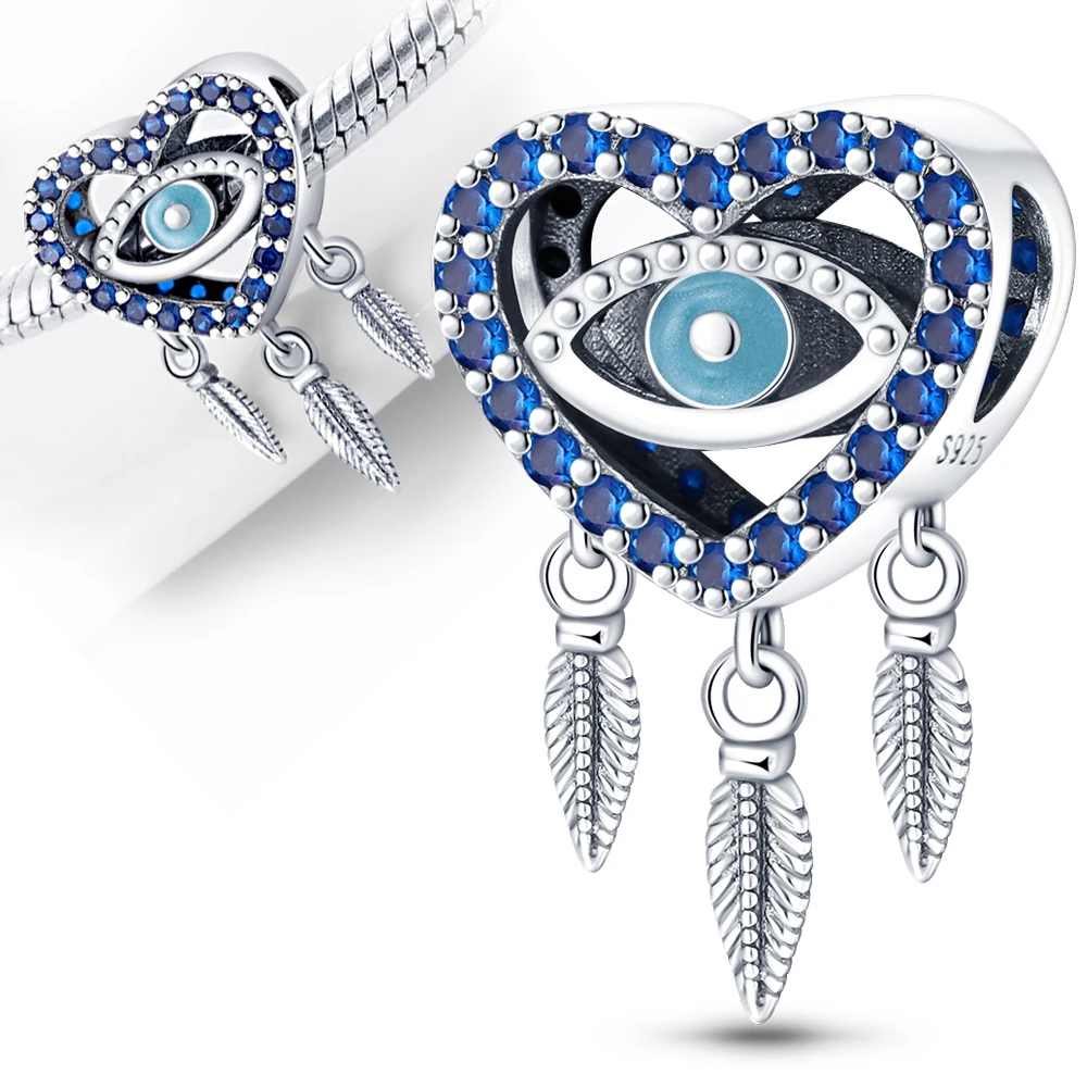 

925 Silver Blue Eye Heart Feath Charm Fit Bracelet Silver 925 Original Charms For Jewelry Beads Making