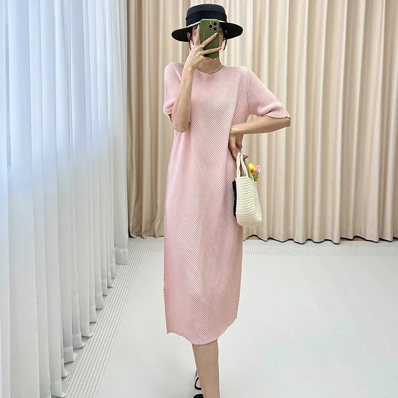 Женское длинное плиссированное платье миаке однотонное Повседневное с круглым