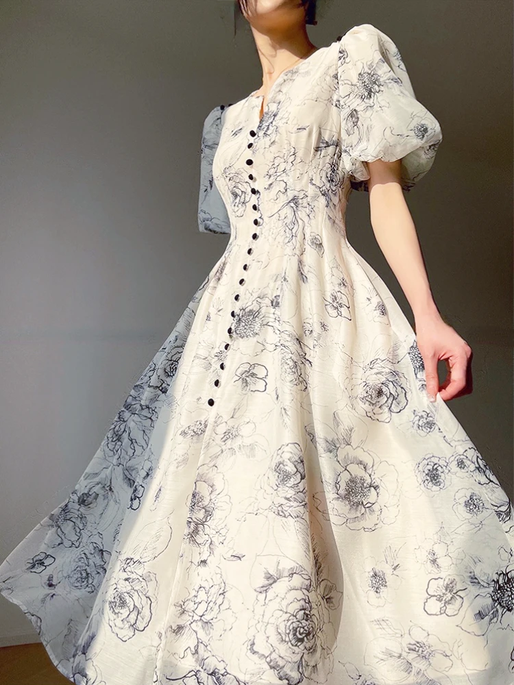 

Office Lady Elegant Floral Midi Dress Formal One Piece Dress Korean Party Beach Long Sleeve Casual Dress Woman 2023 Summer Chic