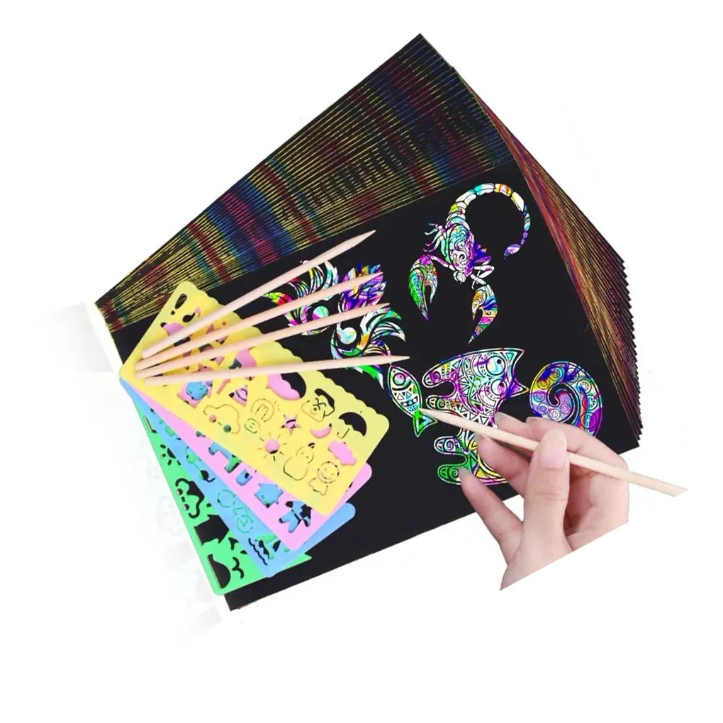 

Scratch Art Paper with Graffiti Pen Nontoxic Drawing Templates Scraping Papers Household School Kindergarden Toy Gift