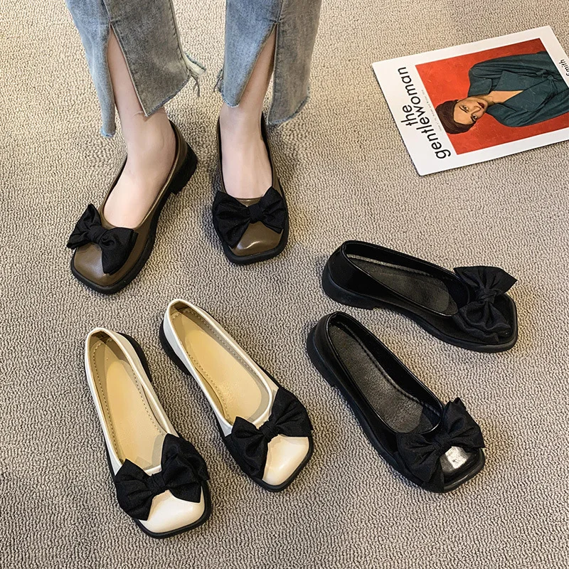 

Bow-Knot Shoes On Heels Patent Leather Ballet Flats Square Toe Casual Female Sneakers 2022 Fashion Women's Clogs Platform Ladies