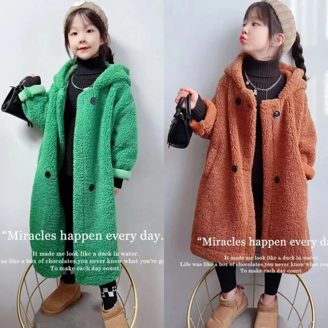 

Girls Warm Long Overcoat Autumn Teen Kids Long Knee Length Sheep Shearing Thick Lamb Fur Integrated Children's Loose Fur Coat