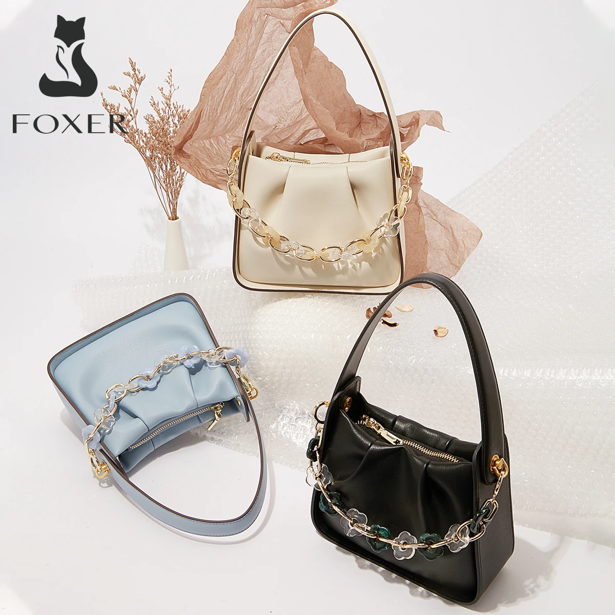FOXER Girl Split Leather Simple Shoulder Evening Bag Female Simple Luxury Crossbody Bag Elegant Women Trend Underarm Top-Handbag