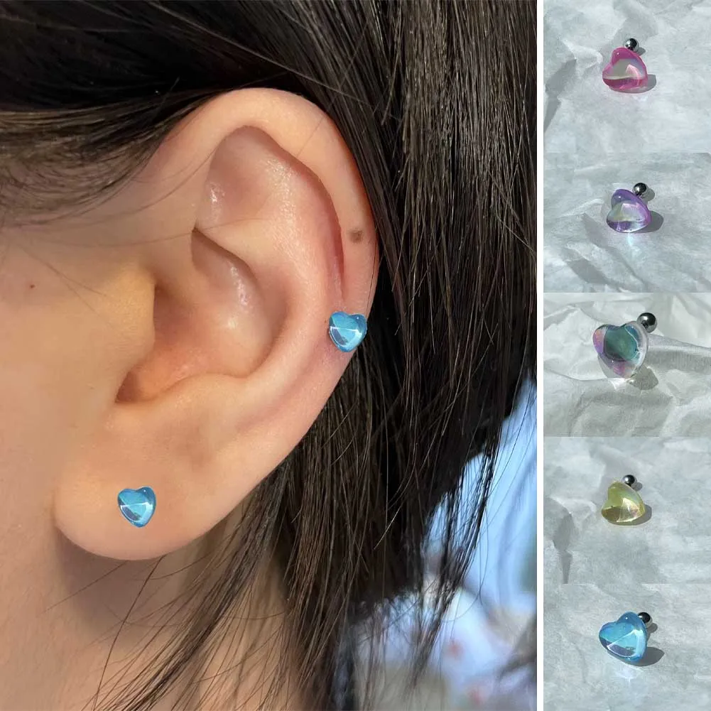 6-Color Heart Care Ear Bone Nail Glass Candy Colored Earrings Crystal Stud Zircon Small Earrings Ear Piercing Jewelry