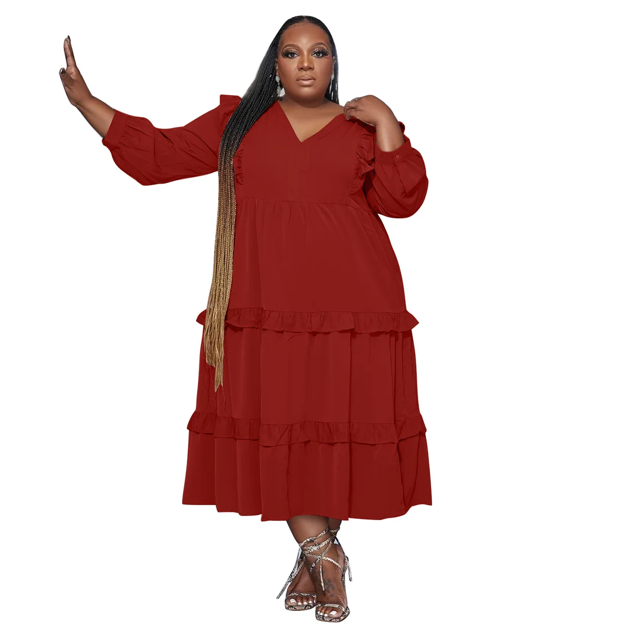 Plus Size Casual Ruffles Hem Dress For Women V Neck Long Sleeve Loose Vestidos Streetwear Fashion Oversized Robes Solid Clothing