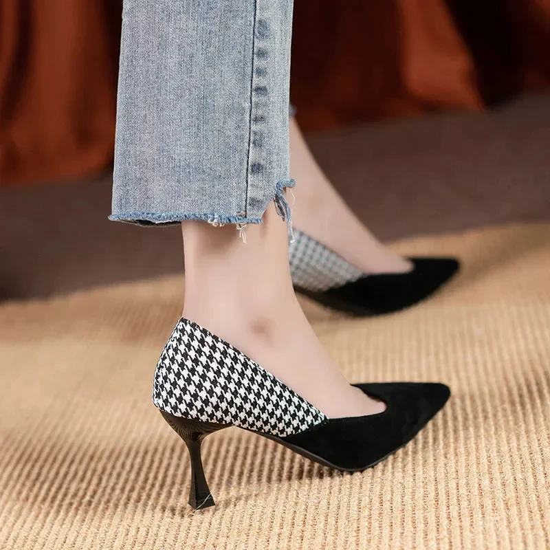 

Women Fashion Pointed Toe Black & White Plaid Spring High Heel Shoes Lady Cute Comfort European Stylish Heel Pumps Zapatos E302