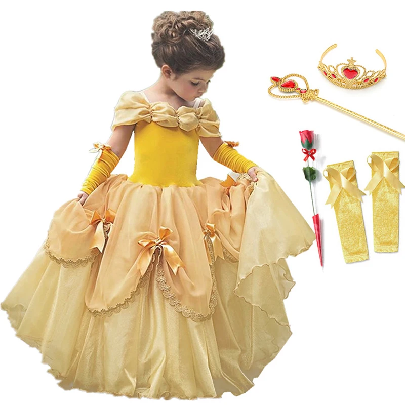 

Princess Belle Dress for Girl Costumes Kids Floral Ball Gown Child Cosplay Bella Beauty and The Beast Costume Fancy Party Dress