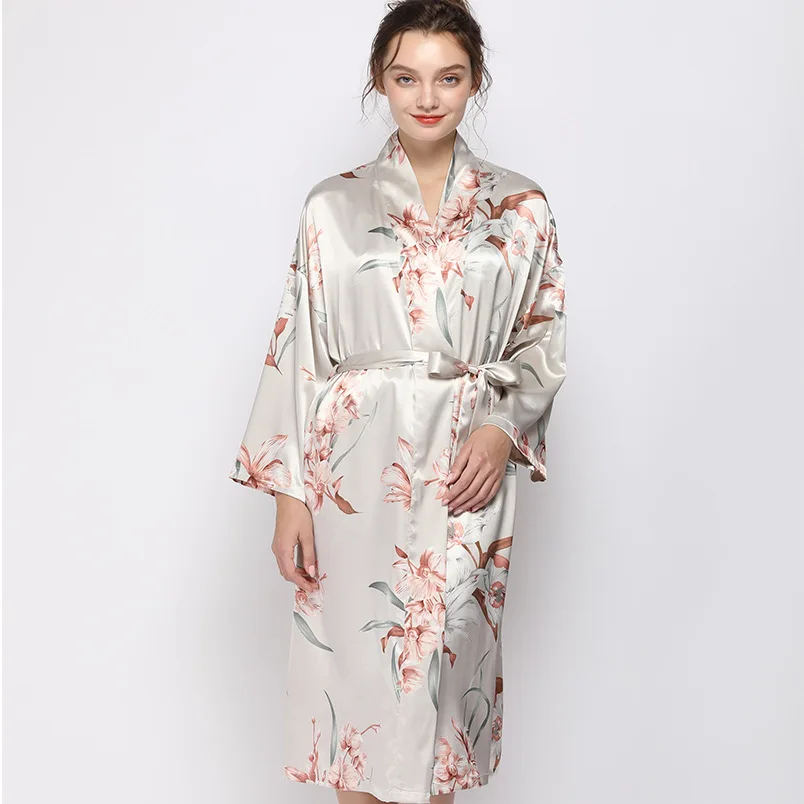 Hot Flower Print Women Night Robe Satin Silk Bathrobe Nightwear Nightgown For Women Thin Soft Sleepwear Robe