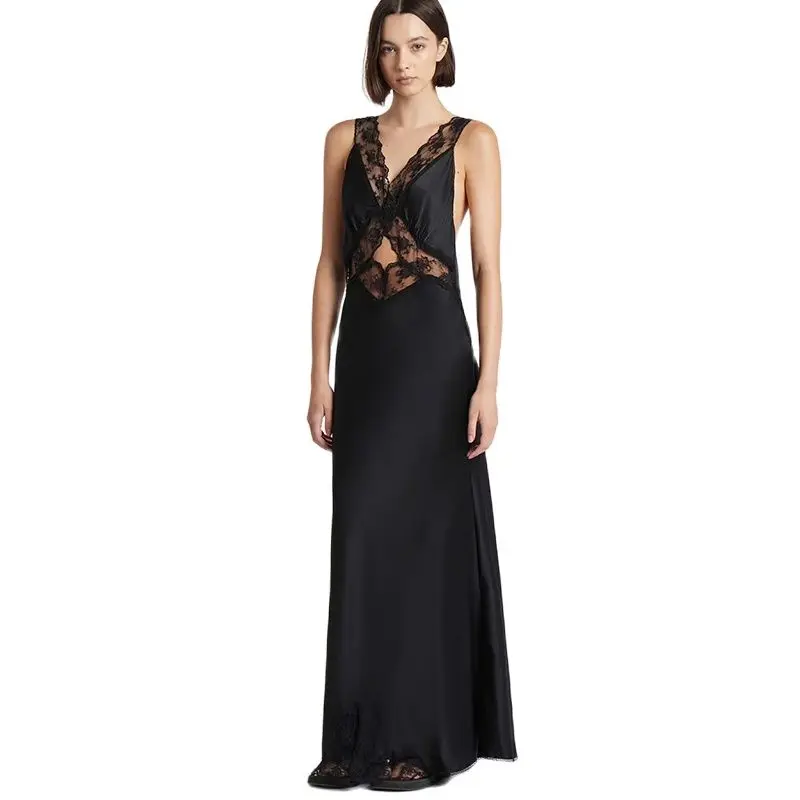 

Lace splicing dress 2023 summer new y2k beach resort style sexy fashion elegant slimming skinny deep V ladies skirt