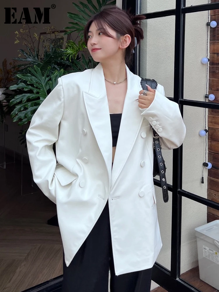 

[EAM] Loose Fit White Pu Leather Big Size Casual Jacket New Lapel Long Sleeve Women Coat Fashion Tide Spring Autumn 2022 1DF0537