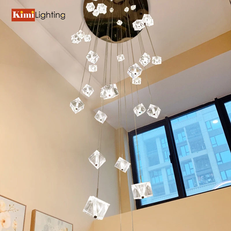 

Ice Cube Transparent Crystal Staircase Pendant Light For Loft Dining/Living Room Lighting Decoration