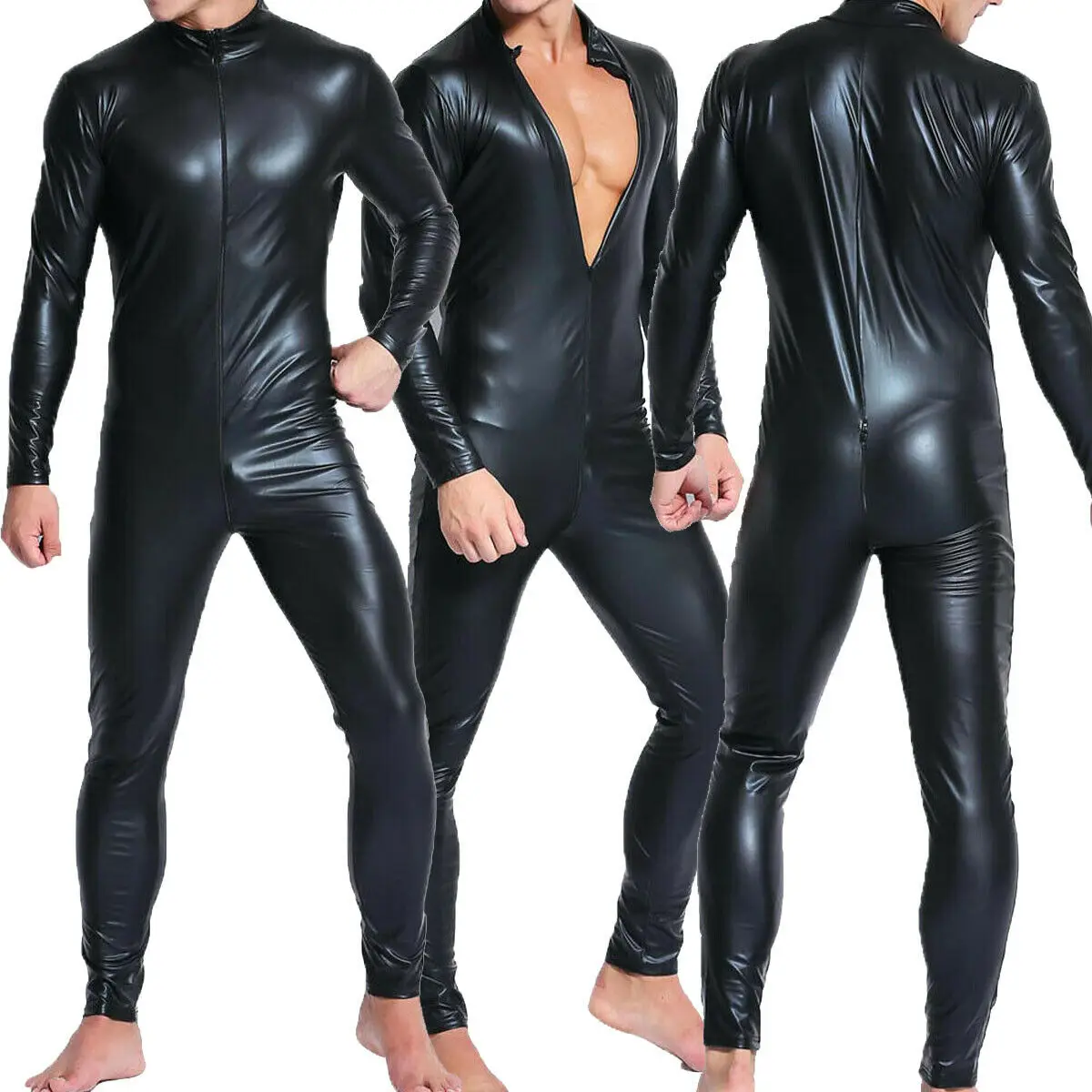 Plus M-4XL Strong Men Black PVC Leather Latex Bodysuits Top PU Sexy Zentai Catsuit Gay Male Leotard Open Crotch Zipper Jumpsuits